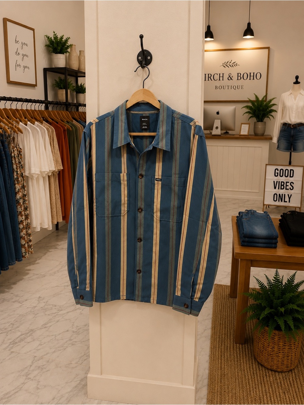 RVCA Men’s Blue Striped Button Front Shirt NWT Utility Overshirt XL